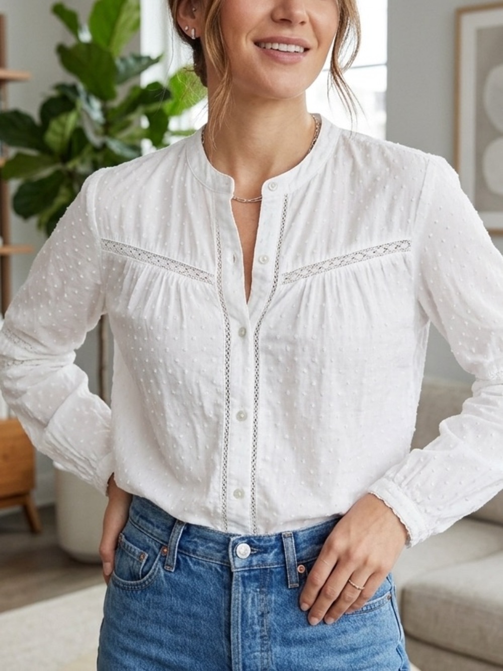 Rails White Swiss Dot Button-Down Blouse